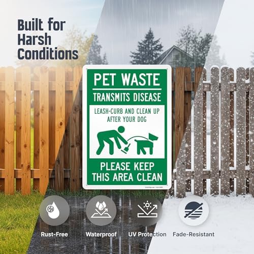 SmartSign "Pet Waste Transmits Disease, Leash-Curb and Clean Up After Your Dog, Please Keep This Area Clean" Metal Sign, 14" x 10", 40 mil Laminated Rustproof Aluminum, Green/White, USA-Made