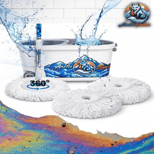 20L Spin Mop and Bucket System with Wringer, 3 Microfiber Mop Heads and 1 Heavy-Duty Scrub Brush, Stainless Steel Handle, Rolling Bucket with Drain Plug for Hardwood, Tile and Laminate Floors