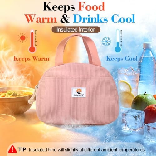 CaCTOUR Lunch Box Lunch Bag for Women Girls Teens, Cute Lunch Box Cooler Bag, Portable Small Insulated LunchBox Reusable Corduroy Lunch Tote for Work/Travel/Picnic/School(Pink)