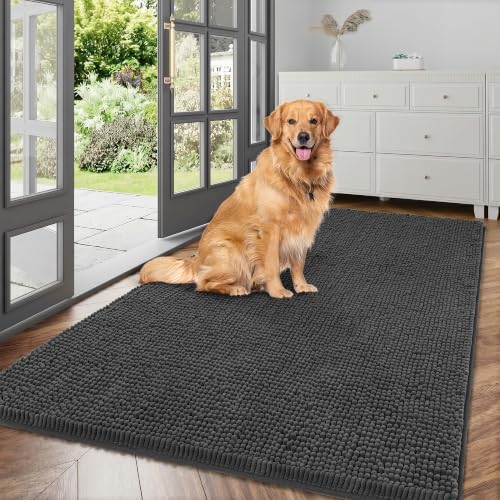 Dog Door Mat for Muddy Paws, 48" x 24" Ultra Absorbent Chenille Mud Mat for Dogs, Trap Dirt Non-Slip Machine Washable Entry Rug for Indoor Entrance, Dark Grey