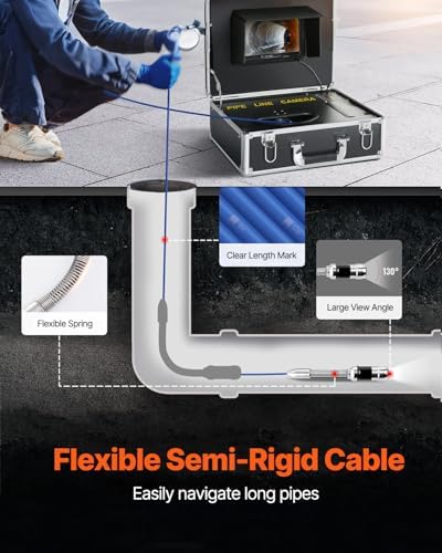 VEVOR Sewer Camera, 100ft Drain Inspection Camera with 7" Screen, IP68 Waterproof Snake Plumbing Camera with 12PCS Adjustable LEDs, 16 GB SD Card for Sewer Line, Duct Drain Pipe Plumbing