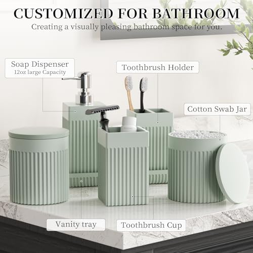 Bathroom Accessories Set, 6-Piece Resin Green Bathroom Set with Toothbrush Holders, Soap Dispenser, Vanity Tray, Tumbler, Cotton Swab Jars, Modern Bathroom Organizer for Small Spaces