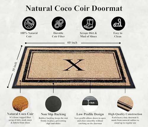 A1 Home Collections Natural Coir & Rubber Hand-Flocked Monogrammed Doormat - Heavy Duty Anti-Shedding Front Door Mat, Thick & Durable Entrance Mat - X, 30” x 60”