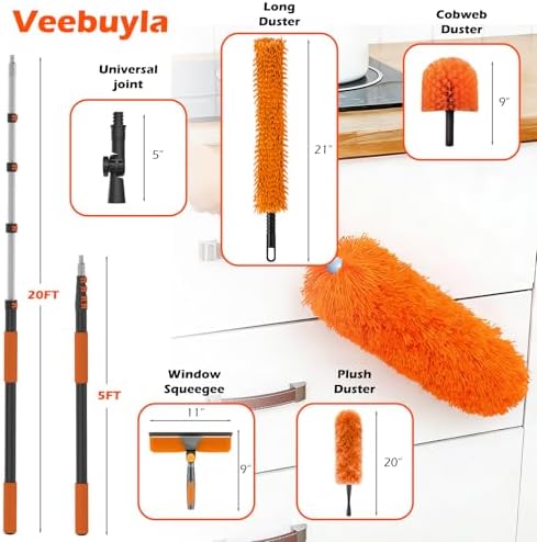 25FT Reach High Ceiling Duster Kits with 5-20FT Adjustable Pole - Includes Extra Long Duster, High Ceiling Duster, Rotatable Window Squeegee & Cobweb Duster for Ceiling Fans and Whole House Cleaning