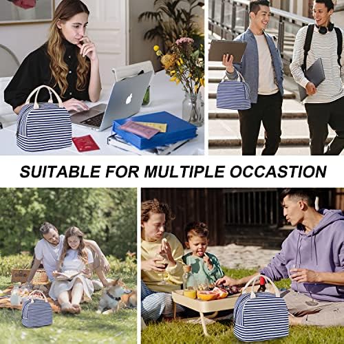 EurCross Blue and White Stripes Lunch Bag Women,Cooler Tote Bag Insulated Lunch Bento Box Bag, Canvas Portable Tote Thermal Bag for Adult Women and Men for Work