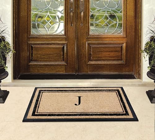 A1 HOME COLLECTIONS Natural Coir & Rubber Hand-Flocked Monogrammed Doormat - Heavy Duty Anti-Shedding Front Door Mat, Thick & Durable Entrance Mat - J, 24" x 48"