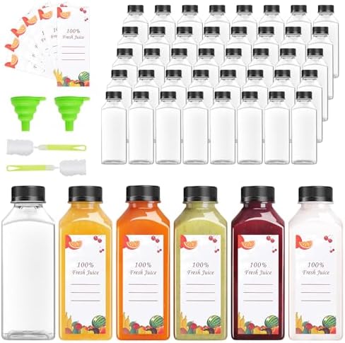 OBKJJ 56pcs 12oz Pcs Juice Bottles, Juice Bottle with Caps Reusable Empty Clear Bottles with Label, Funnel, Brush Bulk Beverage Containers for Juicing, Drinking, Smoothie and Other Beverages (12oz)