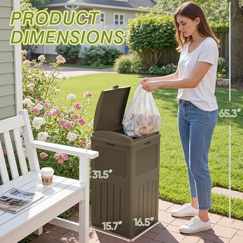 Greesum 33 Gallon Resin Outdoor Trash Can with Lid, Waterproof, Brown