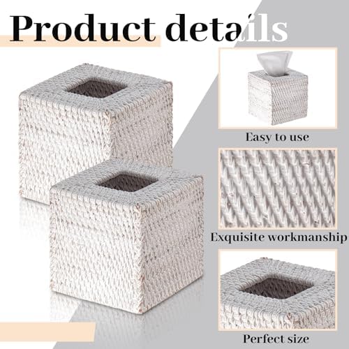 Kigley 2 Pcs Square Rattan Tissue Box Cover Boho Wicker Tissue Cube Box Cover 5.5'' x 5.5'' x 5.5'' Decorative Natural Wicker Hand Woven Napkin Box Holder Bathroom Office Car Accessories (White)