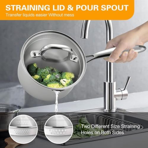 Stainless Steel Saucepan with Glass Lid, 4.0 Quart Multipurpose Sauce Pan with Cover, Sauce Pot Induction Cooking Pot- for Easy Pour with Ergonomic Handle