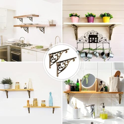 Shelf Brackets 6 Inch 2 Pack Heavy Duty Antique Brass Wall Bracket Victorian Kitchen Decorative Rack Shelves, Shelf Bracket Available in 8 finishes. (2, Antique Brass)