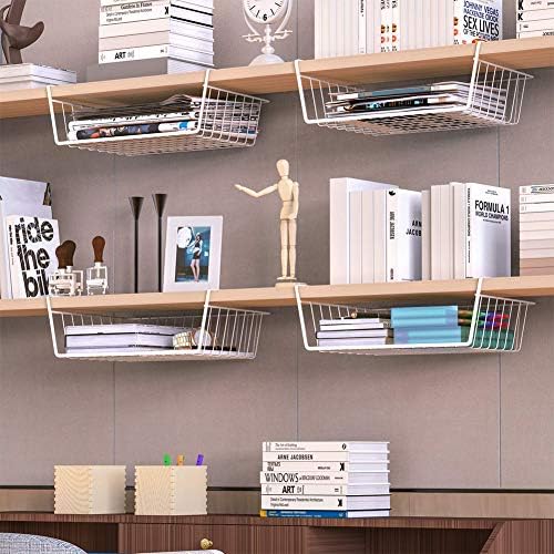 Modern Home Under Shelf Wire Storage Baskets – Hanging Organizer Rack for Cabinet, Pantry, or Closet – White Metal Basket for Kitchen, Towels, or Office – No Tools Required (Set of 2 15")