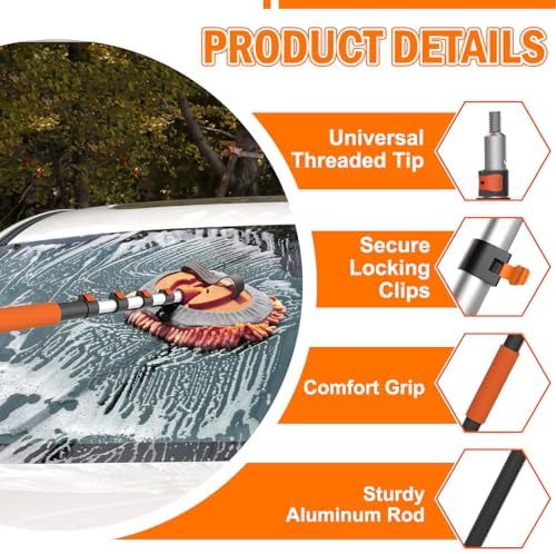 LAANPOLE 16FT Car Wash Brush with Long Handle, Car Cleaning Kit with Soft Bristle Wash Brush, Microfiber Cleaning Mop, Window Squeegee, Mitt, Wheel Brush, Bucket, Drying Towel for RV, Truck, Boat