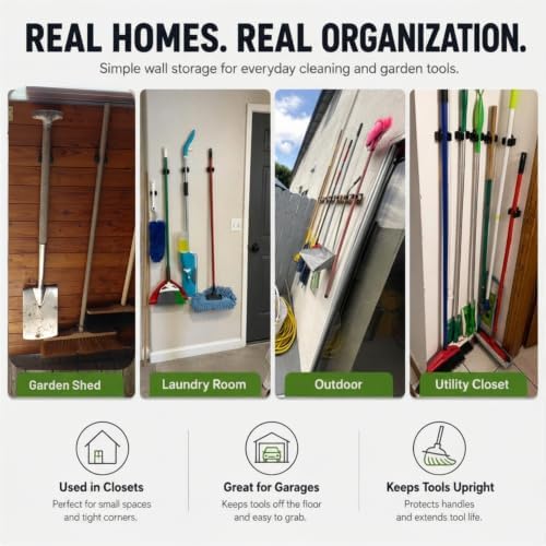 3-H Broom Holder Wall Mount 4 Pack, Stainless Steel Mop Hanger with Screws