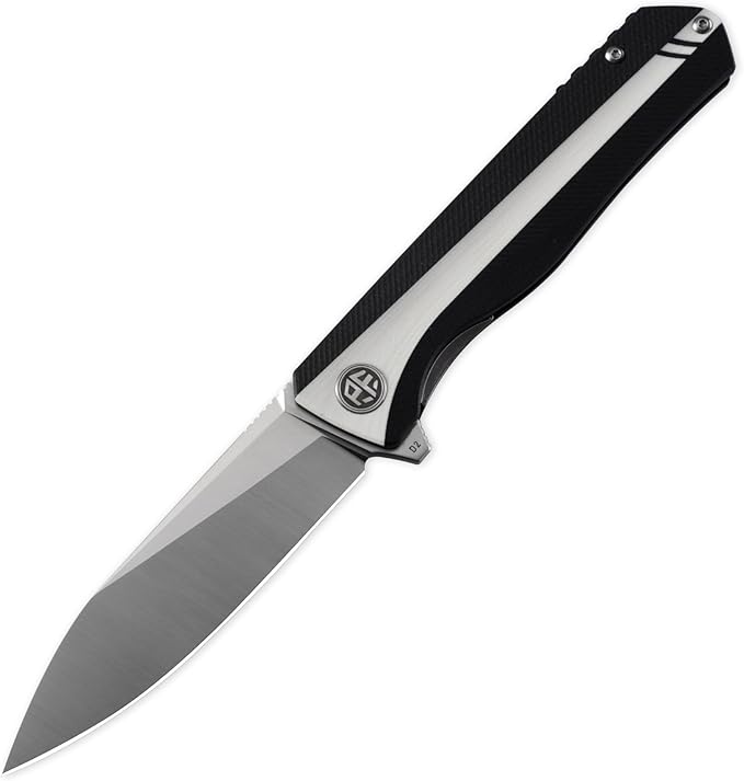 Petrified fish PF818,3.54" D2 Blade,104g G10 Handle Flipper Folding knife (Black and White, Satin)