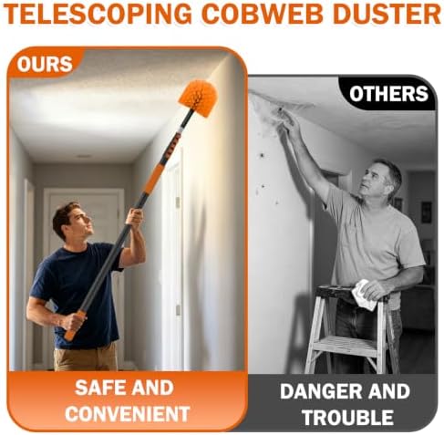 Buyplus 30FT Reach Cobweb Duster, Outdoor Spider Web Cleaner Brush with Professional 5-24FT Extension Pole, Non-Shedding Fluffy Bristles, Suitable for Ceiling and Corner Dusters for Indoor and Outdoor