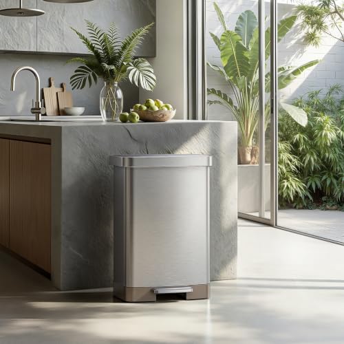 EKO Hudson Matte Stainless 50 Liter/13.2 Gallon Step Trash Can with Rear Trash Bag Storage Compartment