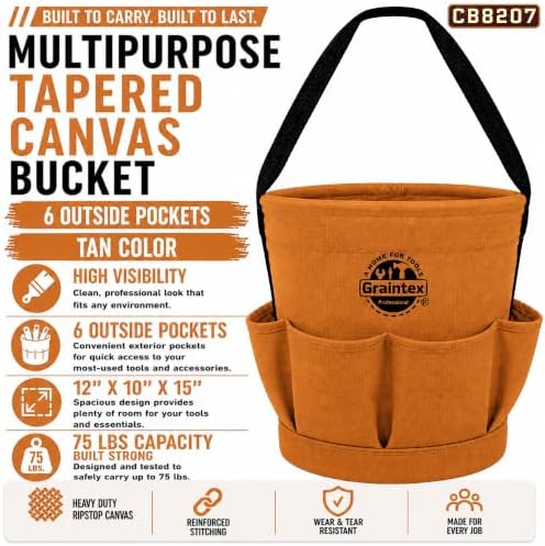 Graintex Tapered Canvas Bucket 12"x10"x15", Utility Tool Bucket 6 Pockets Outside, Reinforced Base & Carry Handle, Ripstop Canvas, Multi-Purpose Bag for Jobsite & Home Use - Tan