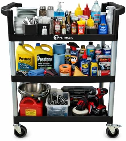 Simpli-Magic Rolling Utility Cart on Wheels, Heavy Duty Multi-Purpose Service Cart, Silver & Black, Garage, Warehouse & Commercial Use
