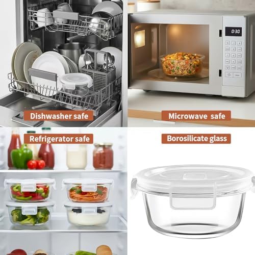 12oz Round Glass Food Containers With Lids, Small Round Glass Meal Prep Containers set,1.5 Cup Small Clear Food Storage Bowls BPA-Free, Microwave, Dishwasher, Freezer Safe（White）