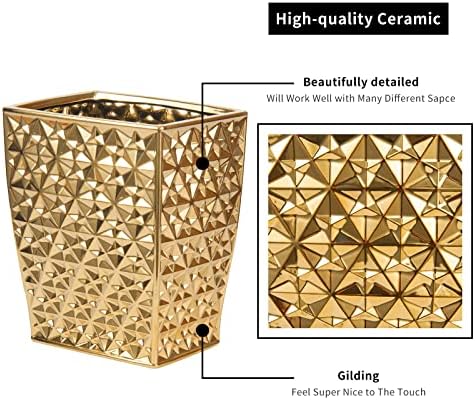 Ceramic Gold Square Garbage Can Kitchen Trash Cans - Wastebasket, Garbage Container Bin for Bathroom, Bedroom, Kitchen, Home Office, and Kids Room, Holds Waste