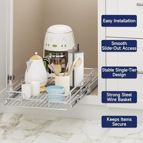 Pull Out Cabinet Organizer, 15.5" W x 21.5" D, Heavy Duty Chrome Slide Out Shelf for Base Cabinets, Sliding Wire Basket Drawer for Pantry Items, Bowls, Containers & Cleaning Supplies
