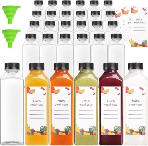 OBKJJ 40 pcs 24oz Pcs Juice Bottles, Juice Bottle with Caps Reusable Empty Clear Bottles with Label, Funnel, Brush Bulk Beverage Containers for Juicing, Drinking, Smoothie and Other Beverages (24-OZ)