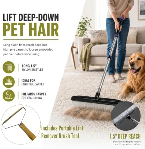 Room Groom PET Carpet Rake Groomer with Telescoping 54 " Adjustable Handle, with Lint Remover Brush Tool, Carpet Brush for Pet Hair and Refreshing Carpets, (Black/Purple)