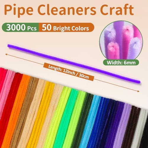 POIKSHARK 3000 PCS 50 Colors Quality Pipe Cleaners Bulk, Thick Pipe Cleaners Craft for DIY Craft Projects, Multicolored Limpia Pipas for Art Supplies & Materials, Rainbow Chenille Stems(12inch*6mm)