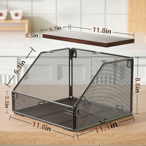 Stackable Fruit Basket for Kitchen Countertop Space Saving, Wall Mounted Mesh Metal Wire Basket with Wood Lid Extra Storage, 2 Pack Kitchen Counter Organizer for Snack, Onion and Potato Storage, Black