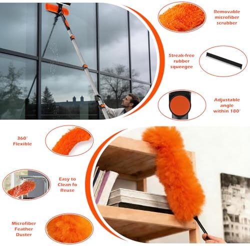 25FT Reach High Ceiling Duster Kits with 5-20FT Adjustable Pole - Includes Extra Long Duster, High Ceiling Duster, Rotatable Window Squeegee & Cobweb Duster for Ceiling Fans and Whole House Cleaning