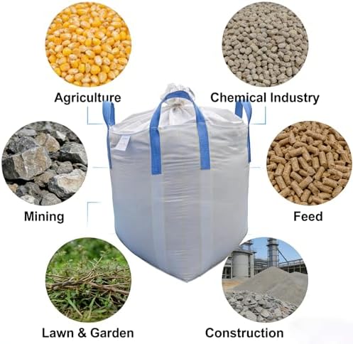 FIBC Bulk Bags 35x35x43 Inch, 2200 lbs. Capacity, 10 Pack, Double Warp Woven Polypropylene, Heavy Duty Ton Bags with Duffel Top & Flat Bottom, UV Resistant 4 Loops for Gravel, Grain, etc