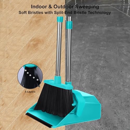 Broom and Dustpan Set for Home, 51" Long Handle Standing Dustpan Blue