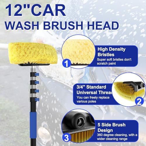 26Ft Reach Car Wash Brush with Long Handle, Car Cleaning Brush 12-Inch Soft Bristles, 5-20Foot Aluminium Telescoping Pole for Scratch-Free Cleaning RV, Car, Boats, Truck, Floors, Solar Panels
