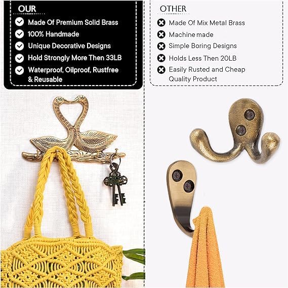Indian Shelf 33lb. Swan Vintage Wall Hooks for Keys Decorative Gold Key Holder Antique Kids Wall Hooks Heavy Duty Coat Hook Brass Backpack Hanger