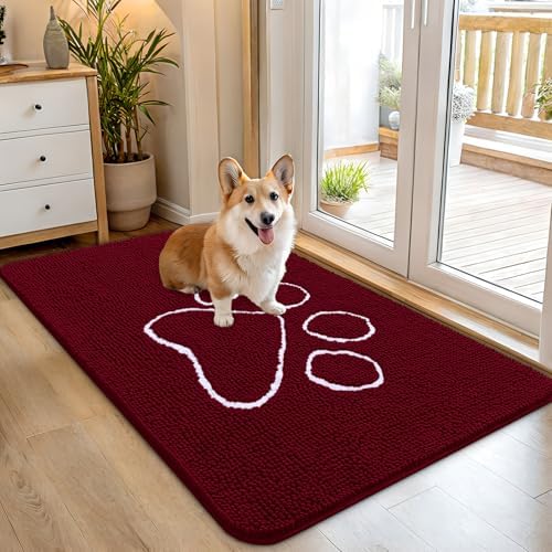 OLANLY Dog Door Mat for Muddy Paws 45x27, Paw Print Design Chenille Mud Mat