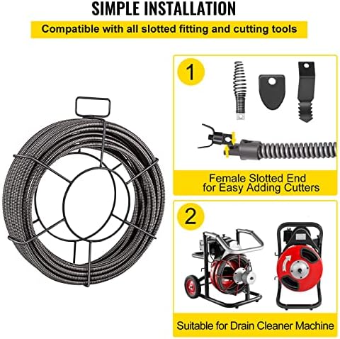 VEVOR Drain Cleaning Cable 75ft x 3/8 inch Solid Core Cable Sewer Cable, Drain Auger Cable Cleaner, Snake Clog Pipe Drain Cleaning Cable W/Four Shapes of Cutters