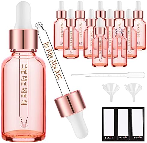 PrettyCare Glass Eye Dropper Bottles 2oz (60ml), 12 Pcs Empty Thick Pink Rose Glass Bottles Bulk with Leakproof Cap - With Labels & Funnel for for Storage, Travel,Essential Oils, DIY Serums, Tincture