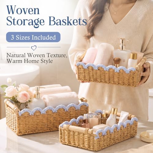 3 Pcs Paper Rope Storage Basket with Wooden Handles, Light Blue