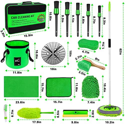Lezcufer 17Pcs Car Wash Kit,62" Car Wash Brush Mop with Long Handle,Car Cleaning Kit,Car Detailing Brush Set,Car Wash Bucket,Car Wheel Brush,Complete Interior Car Cleaning Supplies