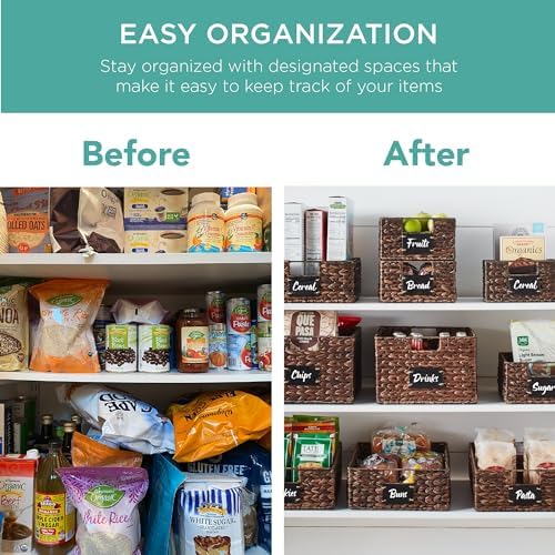 Best Choice Products Set of 4 13x12in Water Hyacinth Pantry Baskets, Woven Organizers w/Chalkboard Label, Chalk Marker - Brown