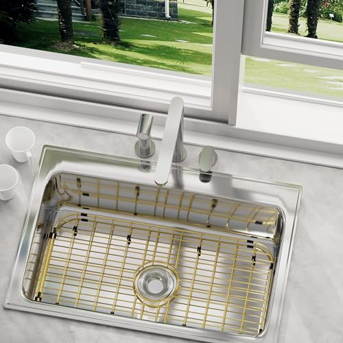 Sink Protector Sink Rack,Large Gold Kitchen Sink Grate,26" X 14" Centered Drain with Corner Radius,Sink Bottom Grid for Kitchen, 304 Stainless Steel Rust Resistant