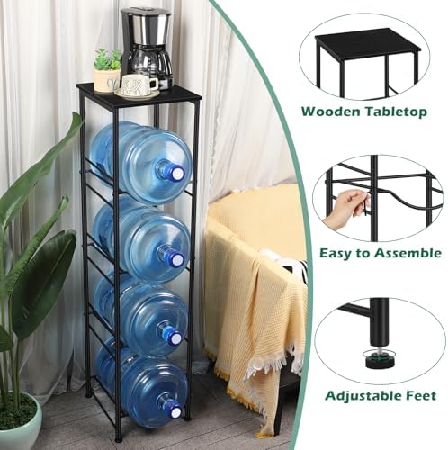 Vrisa Water Jug Holder 5 Gallon Water Jug Stand 4-Tier Water Gallon Holder Organizer with Storage Shelf 3/5 Gallon Water Jug Rack for Home Office Kitchen Black