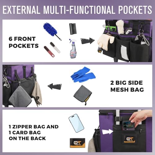 SCAVATA Rolling Cleaning Caddy Bag with Detachable Trolley, Large Cleaning Supplies Organizer with Wheels, Multi Pocket Cleaning Cart with Adjustable Shoulder Strap for Housekeeper & Home, GrapePurple