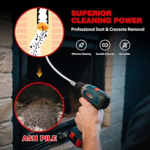33 Feet Chimney Sweep Kit, Chrome Button Locking System, Chimney Cleaning Kit, Chimney Brush, Chimney Cleaning System with 10 Flexible Chimney Rods