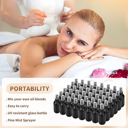 BILLIONSTARS 48 Pack 2oz Glass Boston Round Bottle with Fine Mist Sprayer - Black Frosted - Essential Oils, Bath, Beauty, Hair & Cleaning - Leakproof Travel Bottles