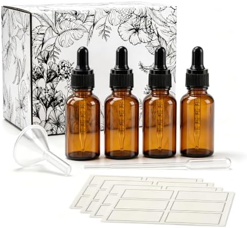 PrettyCare 4 Pack 1 oz Amber Glass Dropper Bottle with Black Cap, 30ml Tincture Bottles with Graduated Droppers - Small Eye Dropper Bottles for Essential Oils, Beauty & Travel