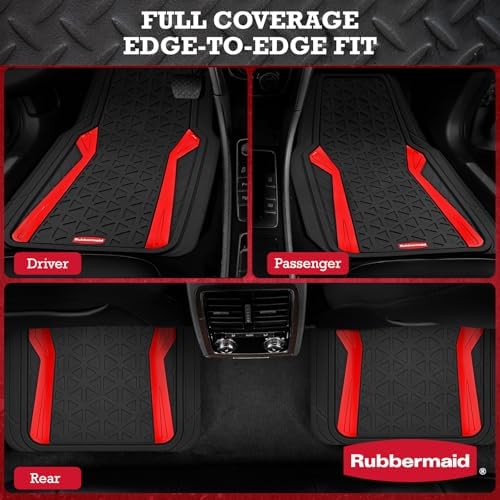Rubbermaid Car Floor Mats Full Set,Premium Heavy Duty All-Weather Car Mats– Rugged Rubber with Brushed Aluminum Inserts, Universal Trim-to-Fit, Anti-Slip Backing for Cars, SUVs, Trucks & Vans - Red