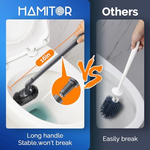 HAMITOR Toilet Plunger and Brush Set for Bathroom Cleaning with Extented Handle - Heavy Duty Toilet Plunger Combo Accessories with Caddy Stand Holder for Small Space - Gray