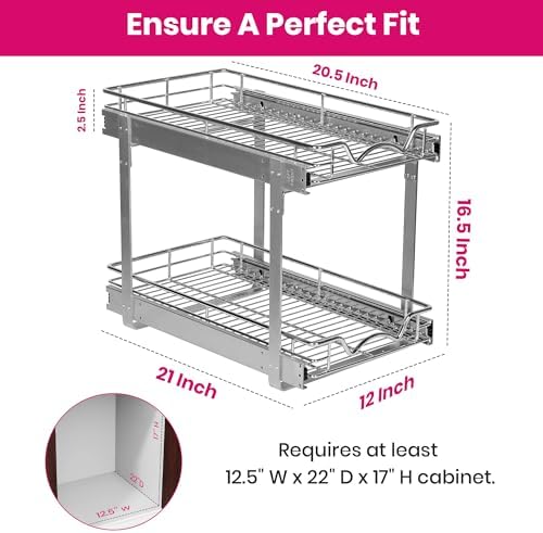 2-Tier Pull-Out Cabinet Organizer for Kitchen, 12" W x 21”D x 16.5" H